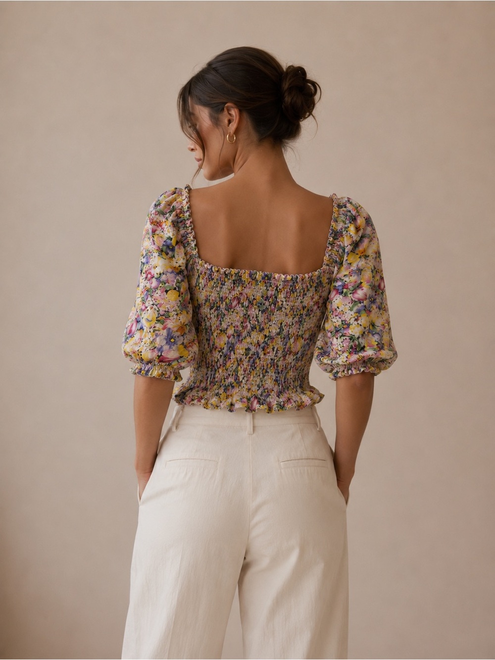 Zara Yellow Multi Colored Floral Smocked Puff Sleeve Cottagecore Top Size Large - Picture 2 of 5